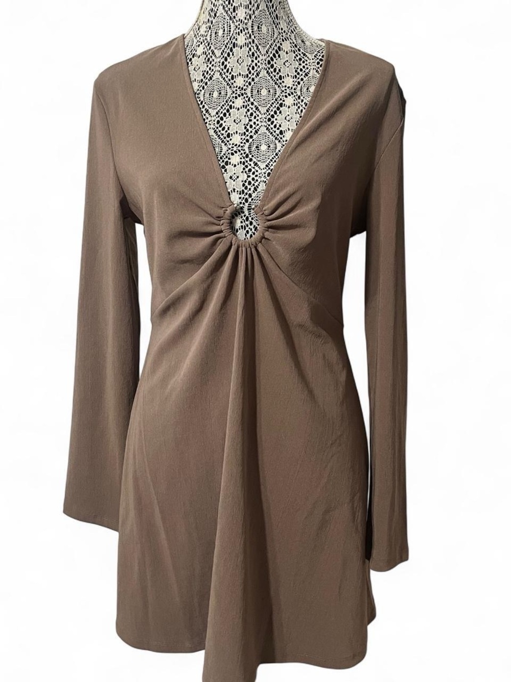 H&M Taupe V-Neck Ring-Detail Mini Dress